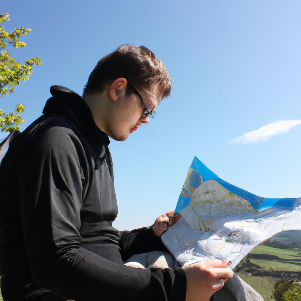 Person reading hiking map outdoors